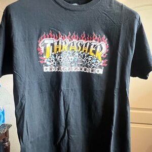 Thrasher Black Tee with Flame Graphic